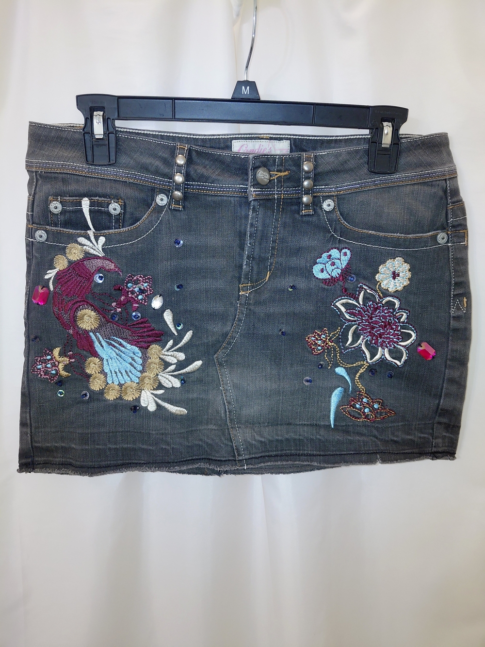 EUC Candie's Vintage Embroidered Jeweled Y2k Style Faded Black Color Raw Hem